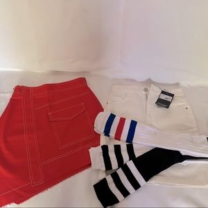 Womens bundle. 2 size small denim miniskirts and 3 pair over the knee socks